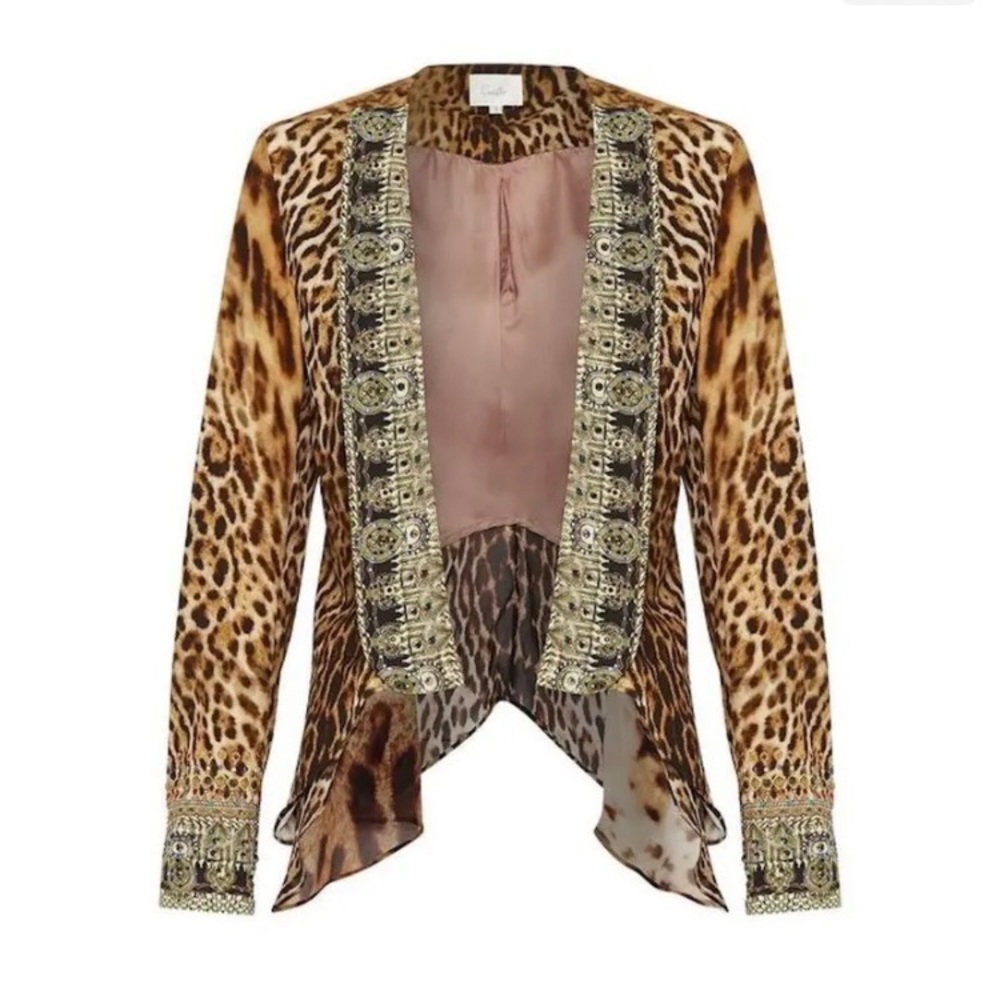 Camilla Leopard Print Embellished Open Front Jacket - Brown